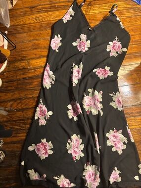Oscar de la Renta Black Slip Dress with Pink Rose Motif
